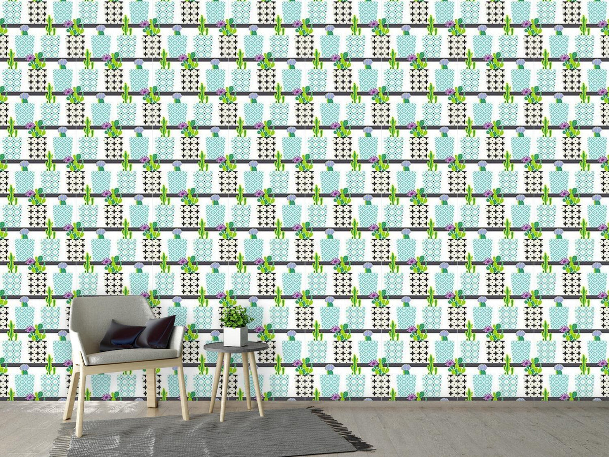 patterned-wallpaper-cactus-pots-on-shelves